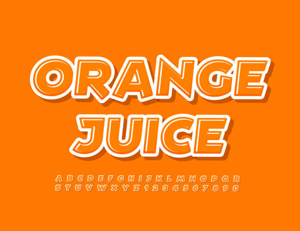 ilustraciones, imágenes clip art, dibujos animados e iconos de stock de vector brillante emblem orange juice. conjunto de letras y números del alfabeto creativo - juicy