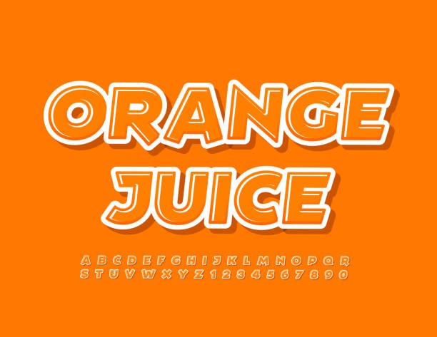 Vector bright Emblem Orange Juice. Creative Alphabet Letters and Numbers set Glossy Modern Font juice bar stock illustrations