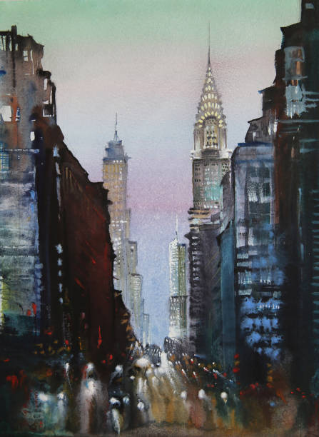 ilustrações, clipart, desenhos animados e ícones de pintura aquarela da cidade de nova york - chrysler building