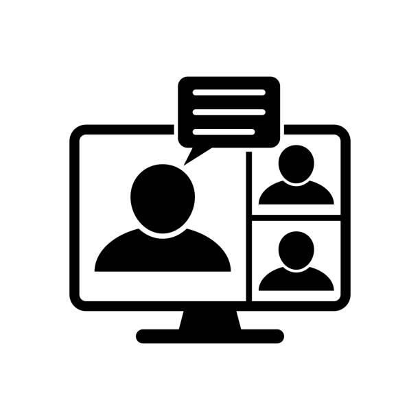 illustrazioni stock, clip art, cartoni animati e icone di tendenza di icona della videoconferenza. incontrare persone sullo schermo del computer. home office in tempi di quarantena. internet teaching media business presentation. comunicazione digitale. - telelavoro