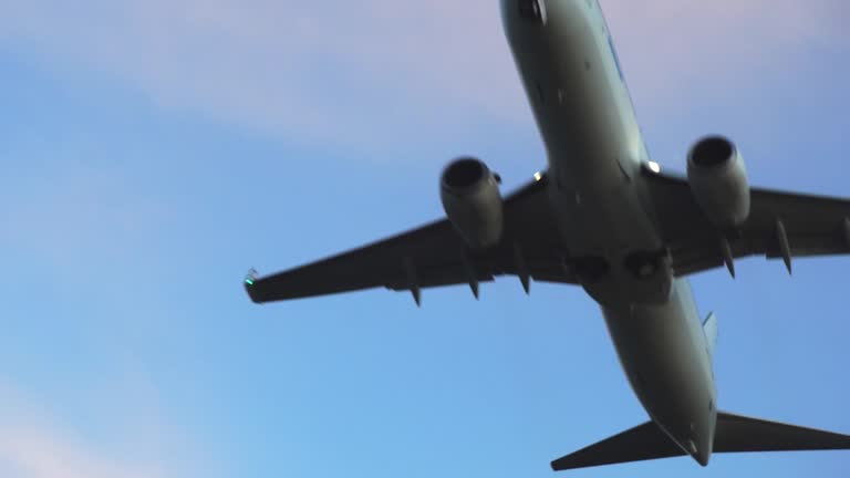 The plane takes off at sunset. The plane takes off at dawn. Long shot