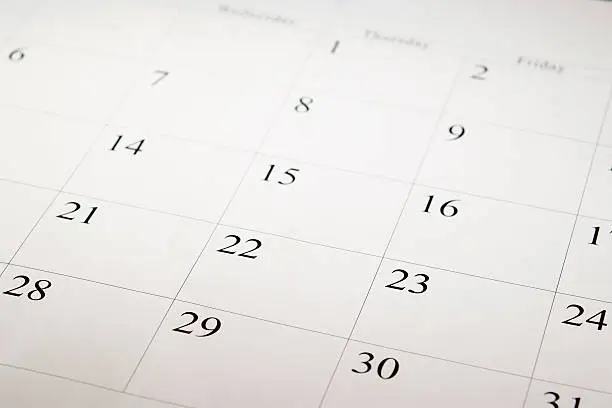 High angle view of a blank calendar with calendar date.