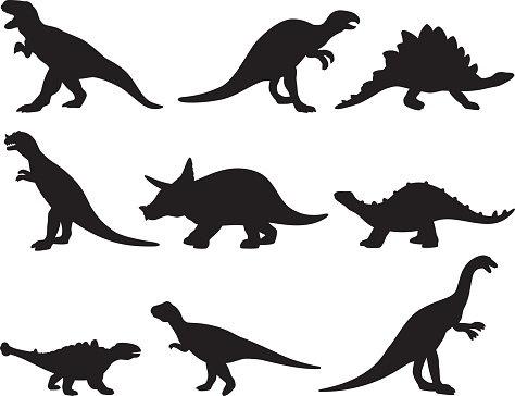 Vector silhouettes of a group of dinosaurs.