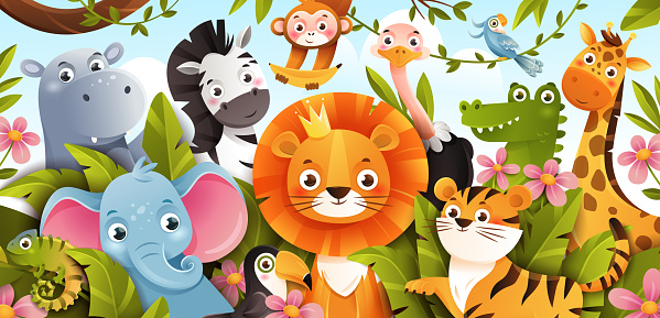 Poster with jungle animals. Cute lion king, elephant, hippo, crocodile, giraffe, tiger, and monkey surrounded by leaves and vines. Design element for children. Cartoon realistic 3D vector illustration