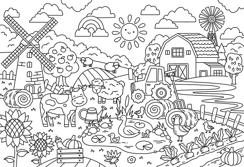 Happy Farm big coloring page. Linear poster with mill, cow, sheep, barn and harvest. Design element for coloring. Stress relief for children and adults. Cartoon modern flat vector illustration
