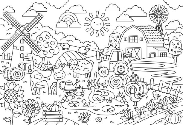 Happy Farm big coloring page Happy Farm big coloring page. Linear poster with mill, cow, sheep, barn and harvest. Design element for coloring. Stress relief for children and adults. Cartoon modern flat vector illustration coloring book page illlustration technique illustrations stock illustrations