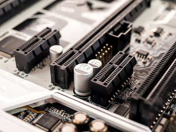 pci-express x16 x4 connectors on the motherboard, connecting devices, graphics accelerators, fast SSD data drives stock photo