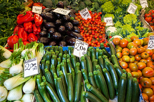 Various vegetables on street market stall in Rome, Italy