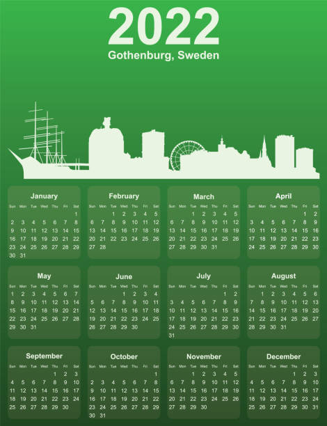 bildbanksillustrationer, clip art samt tecknat material och ikoner med green stylish 2022 year calendar with cityscape panorama of the city of gothenburg, sweden - göteborg
