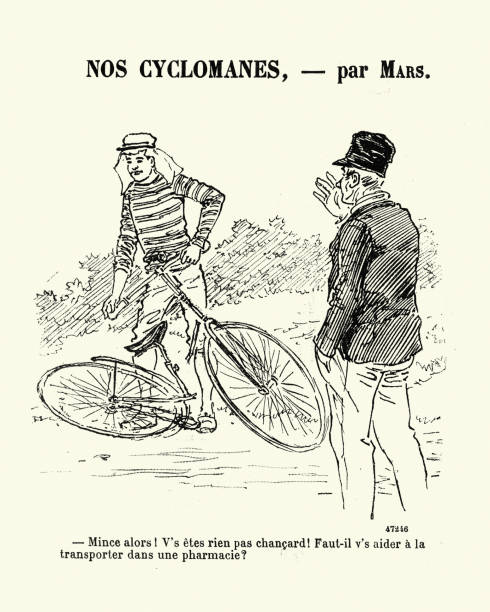 istock Man with broken bicycle after falling off, Victorian French cartoon, 1890s 1359405947