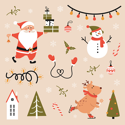 Set of Christmas characters in a flat style. Traditional christmas decorations. Merry and bright background.