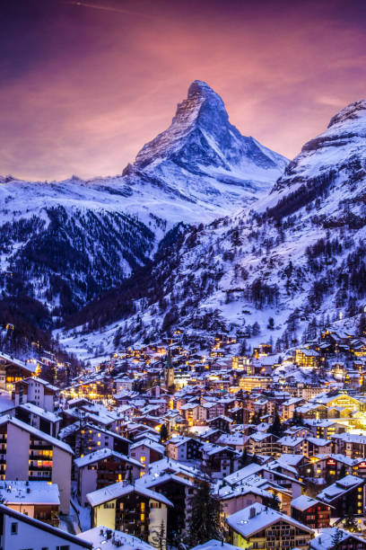 istock Zermatt town with Matterhorn with Christmas illumination during twlight 1359409164