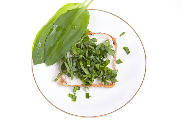 toast bread with ramson on plate -white background
