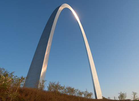 Low angle view of St. Louis, Missouri's metal Gateway Arch with shrubs, small trees and grass in the foreground. Photographed at dawn.