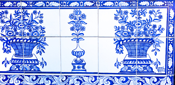 Traditional blue and yellow ornate portuguese decorative tiles azulejos