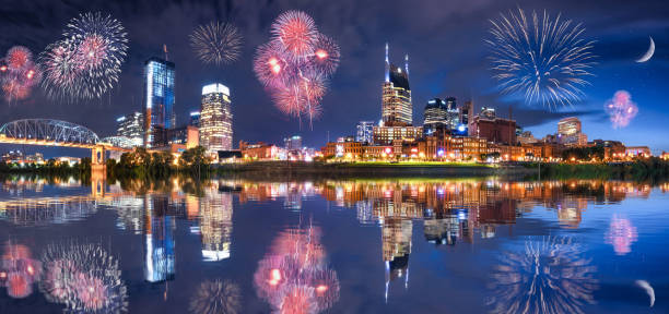 istock Nashville Skyline by river front with fireworks 1359425136