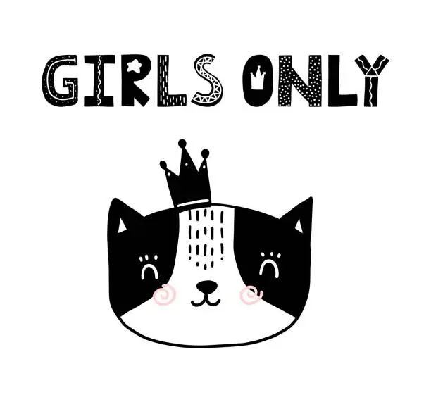 Vector illustration of Cat baby girl cute print. Sweet kitty with crown. Girls only text slogan.
