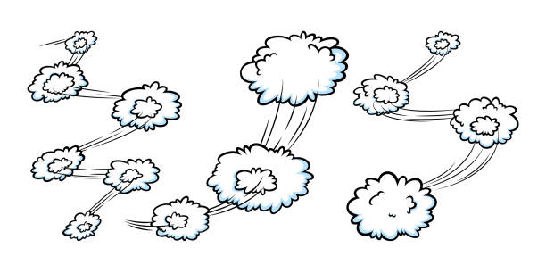 komiczny efekt prędkości z chmurami. komiksowe chmury z ruchomymi liniami szlaku. ilustracja wektorowa - whoosh stock illustrations