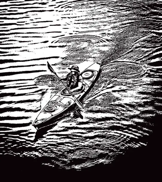 Vector illustration of One adult man kayaking on a lake