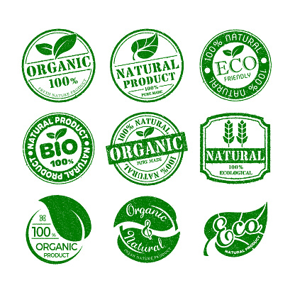 Organic, healthy natural and eco product stamp label illustration set