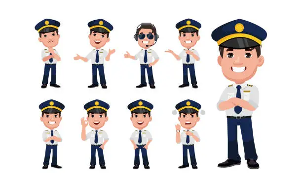 Vector illustration of Airline pilot with different poses. vector