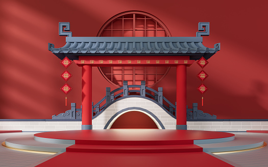 Empty stage with Chinese style background, translation: blessing, 3d rendering. Computer digital drawing.