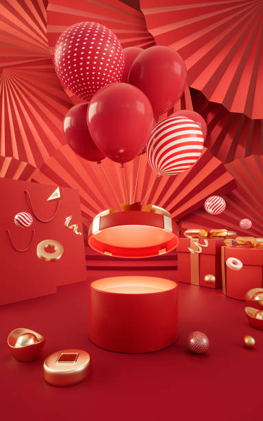 중국 스타일의 배경이있는 선물 및 쇼핑 백, 3d 렌더링. - china balloon 뉴스 사진 이미지