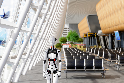 Information Robot Working In The Airport As An Attendant For Passengers