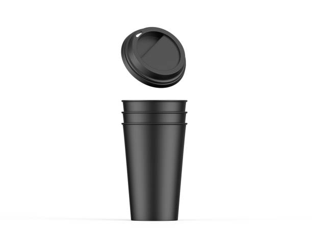 istock Black disposable coffee cup with plastic lid, paper cup mockup on isolated white background 1359450537