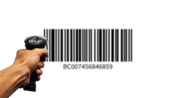 bar code. retail label barcode scan. reader laser scanner for warehouse holding hand. product code data concept. - bar code reader bar code reading laser imagens e fotografias de stock