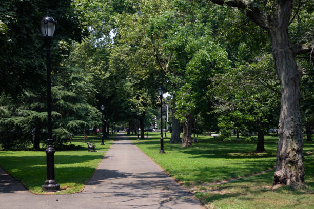 istock Empty Path at Wooster Square Park in New Haven Connecticut during the Summer with Green Grass and Trees 1359452229