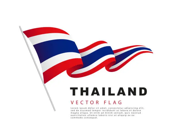 Vector illustration of The flag of Thailand hangs from a flagpole and flutters in the wind. Vector illustration isolated on white background.