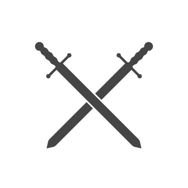 2人の中世の騎士が剣を渡った分離されたベクトルエンブレム。白黒イラスト - 横断する点のイラスト素材／クリップアート素材／マンガ素材／アイコン素材