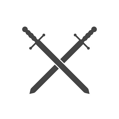 Two medieval knight crossed swords isolated vector emblem. Holy war, crusade sign. Black and white illustration.