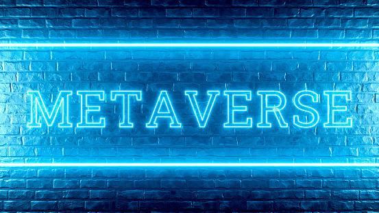 3d rendering of Metaverse Text Neon Lightning on Brick Wall.