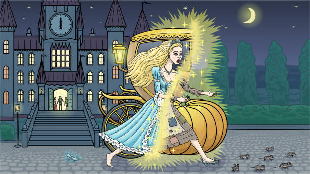 The tale of Cinderella. Cinderella turns into a poor girl at midnight. Cinderella lingered at the ball in the castle. At midnight she ran away and lost her crystal slipper. Cinderella began to turn into a beggar. magic mouse stock illustrations