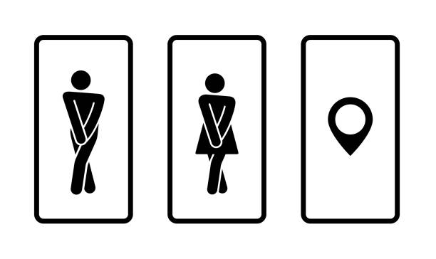 Toilet icon with Funny male and female symbol and smartphone Toilet icon with Funny male and female symbol and smartphone, public, Lady, gentleman, Map, marker powder room stock illustrations