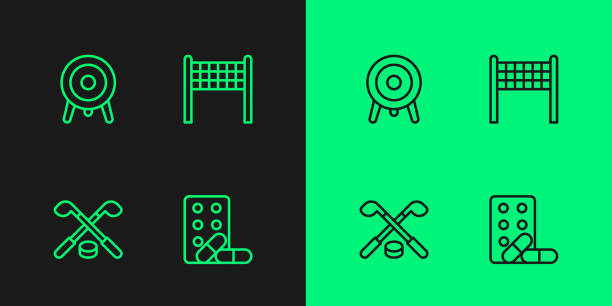 set line sportdoping mit hantel, eishockeyschlägern und puck, zielsport und volleyball netz icon. vektor - bullet hole illustrations stock-grafiken, -clipart, -cartoons und -symbole