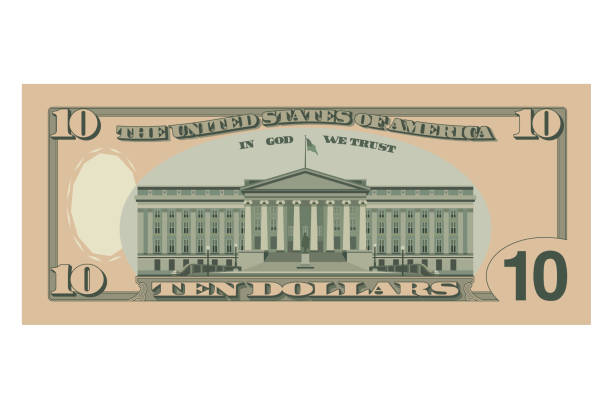 10 달러 지폐, 10 미국 달러 지폐, 역측. 흰색 배경에서 격리된 usd의 단순화된 벡터 그림 - federal reserve stock illustrations