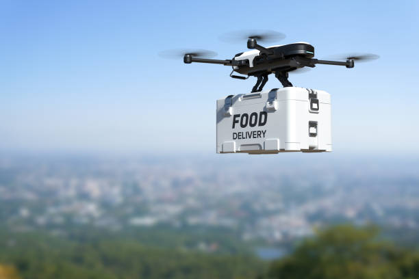 drone di consegna di cibo, robot di consegna autonomo, concetto di trasporto aereo aziendale. - helicopter air vehicle business cargo container foto e immagini stock