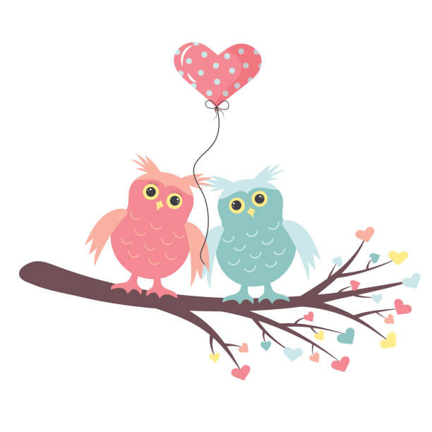 ilustrações, clipart, desenhos animados e ícones de corujas apaixonadas estão sentadas no galho com um balão na forma de um coração. - vector branch leaf affectionate