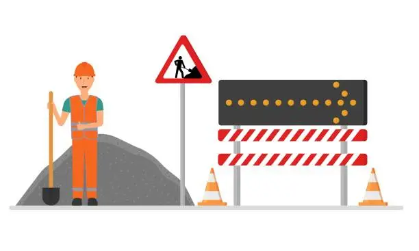 Vector illustration of A road worker repairs the road. Fences of the repair site with a detour sign.