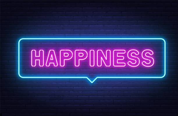 istock Happiness neon sign in the speech bubble on brick wall background. 1359469335