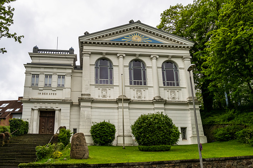 Flensburg, Germany - May 27, 2021: Front exterior of Freemason's Hall in Flensburg Schleswig Holstein Germany in Europe