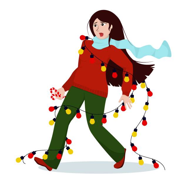 ilustrações de stock, clip art, desenhos animados e ícones de vector illustration of a young brunette woman who is entangled in a christmas garland, isolated on a white background. funny illustration on the theme of celebrating the new year - sweater cardigan isolated white background