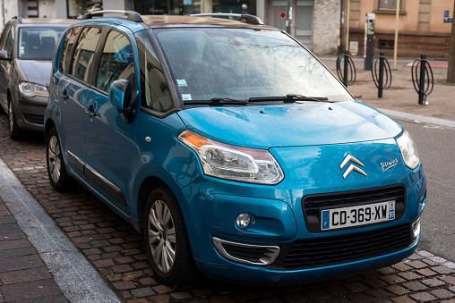 Mulhouse - France - 12 December 2021 - Front view of blue citroen C3 aircross picasso parked in the street
