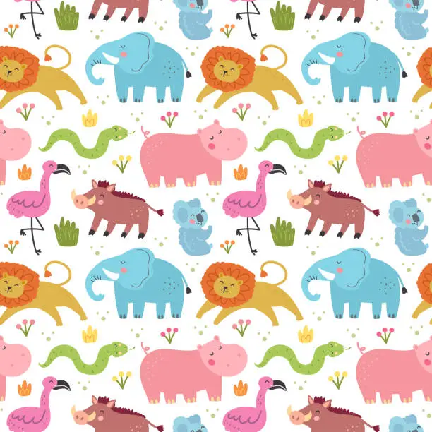 Vector illustration of Wild animals endangered species. Seamless pattern, texture, background. Elephant, lion, flamingo, snake, hippo, koala, warthog. Vector design for children. Editable background.