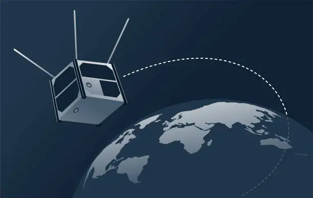 Vector illustration of Nanosatellite - satellite with low mass and size