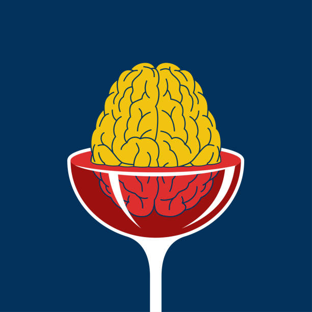 Alcohol impact the brain drowning in glass wine Alcohol impact the brain - main human organ drowning in glass wine. Medical and psychological conceptual illustration brain eater stock illustrations