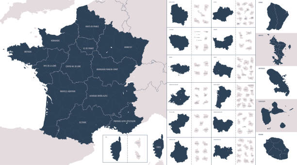 stockillustraties, clipart, cartoons en iconen met vector color detailed map of metropolis and overseas territories of france  with administrative divisions of the country, each region is presented separately in-highly detailed and divided into departments - illustraties van middellandse zee